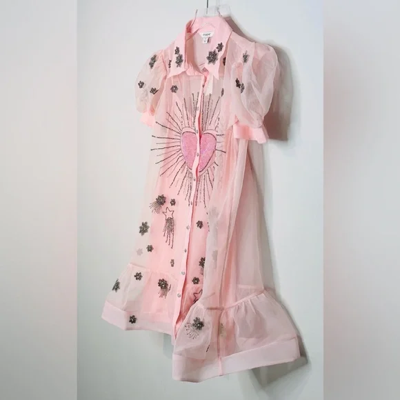 Anthropologie Maeve Pink Sheer Beaded Embroidered Short Sleeve Mini Dress NWT - Picture 7 of 15